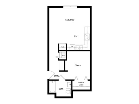 A floor plan of a house with a living room, kitchen, bathroom, and bedroom.